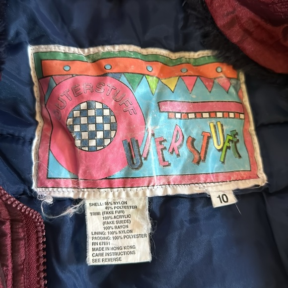 Vintage 90s Maroon & Navy Quilted Puffer Jacket with Faux Fur Trim Size 10 - Picture 10 of 11